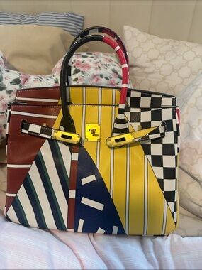 Multicolor Striped & Checkered Leather Satchel - Yellow Accent